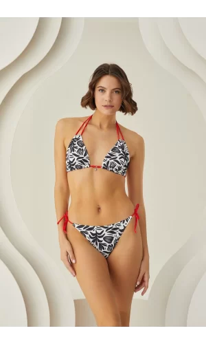 Luz&Pos Arias Closet Siyah Beyaz Desenli Kırmızı İp Askılı Boyundan Bağlamalı Bikini Takımı