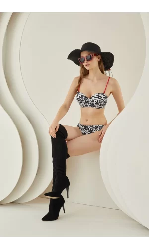 Luz&Pos Arias Closet Siyah Beyaz Desenli Kırmızı İp Askılı Lotus Bikini Takımı