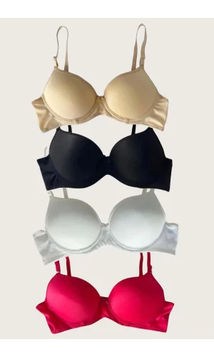 Luz&Pos Arias Closet Siyah-beyaz-kırmızı-ten 4lü Dolgulu Push Up Micro Balenli Günlük Tek Destekli Sütyen