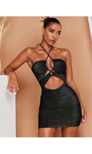 Luz&Pos Arias Closet Siyah Simli Boyundan Bağlamalı Göğüs Dekolteli Mini Club Elbisesi