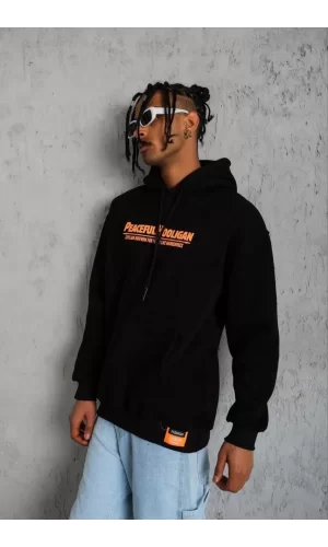 Luz&Pos Erkek Armalı Baskılı Kapüşonlu Sweatshirt - Siyah