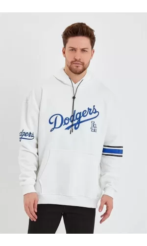 Luz&Pos Erkek Baskılı Kapüşonlu Üç İplik Oversize Sweatshirt - Beyaz