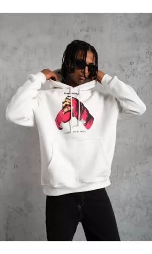 Luz&Pos Erkek Eldiven Baskılı Kapüşonlu Sweat - Beyaz