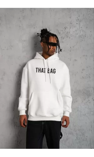Luz&Pos Erkek Kanguru Cep Baskılı Kapüşonlu Sweatshirt - Beyaz