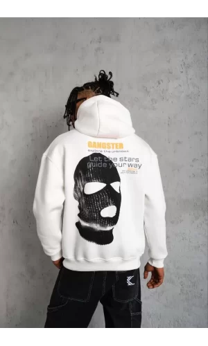 Luz&Pos Erkek Kordonlu Maske Baskılı Kapüşonlu Sweat - Beyaz