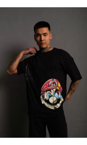 Luz&Pos Erkek Mario Baskılı Oversize T-shirt - Siyah