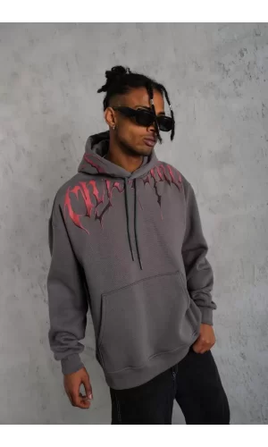 Luz&Pos Erkek Ön Ve Arka Baskılı Kapüşonlu 3 İplik Sweatshirt - Füme