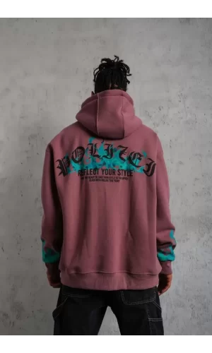 Luz&Pos Erkek Üç İplik İçi Pamuklu Alev Baskılı Kapüşonlu Sweatshirt - Gül Kurusu