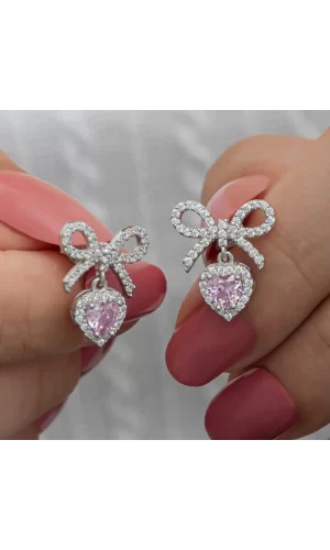 Luz&Pos Gümüş Fiyonk Pembe Taşlı Kalpli Çivili Kadın Küpe