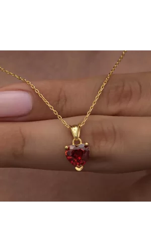 Luz&Pos Gümüş Gold Kırmızı Taşlı Kalpli Kadın Kolye