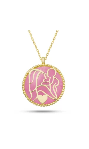Luz&Pos Gümüş Gold Pembe Sedef Taşlı Anne Çocuk Sevgisi Kolye