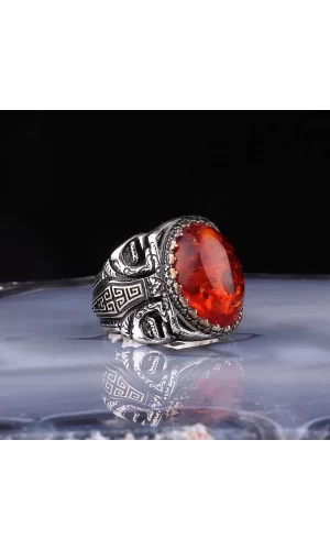 Luz&Pos ​gümüş Kehribar Taşlı Oval Erkek Yüzük