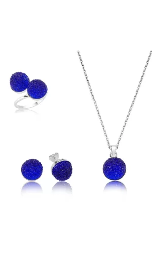 Luz&Pos Gümüş Lacivert Kristal Taşlı Bayan Set
