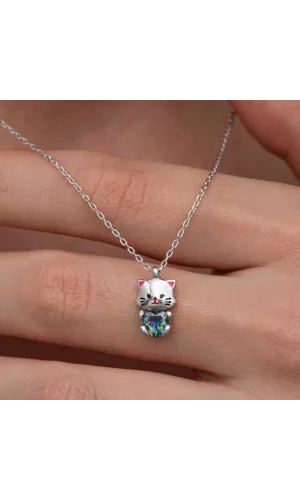 Luz&Pos Gümüş Mistik Topaz Taşlı Sevimli Kedi Kolye
