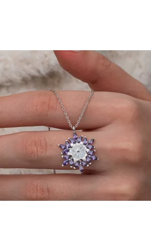 Luz&Pos Gümüş Mor Lotus Desenli Çiçek Kadın Kolye