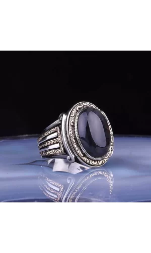 Luz&Pos Gümüş Onix Taşlı Oval Erkek Yüzük