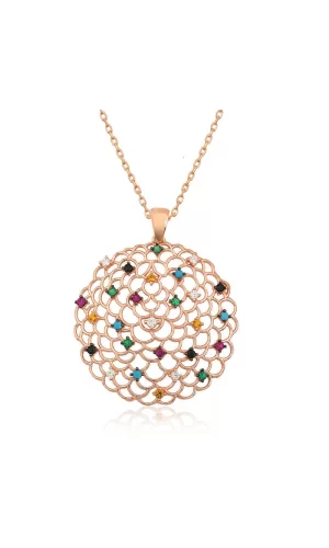 Luz&Pos Gümüş Rose Geometrik Desenli Madalyon Kolye