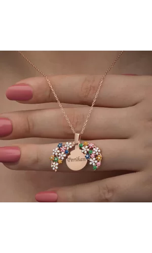 Luz&Pos Gümüş Rose Renkli Çiçek Kişiye Özel Kadın Kolye