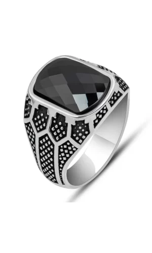 Luz&Pos Gümüş Siyah Zirkon Taşlı Oval Erkek Yüzük