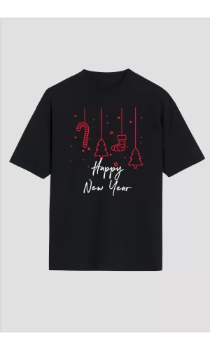 Luz&Pos Happy New Year Baskılı T-shirt - Siyah