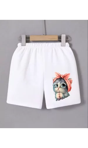 Luz&Pos Kadın Beli Lastikli Baskılı Mini Şort - Beyaz