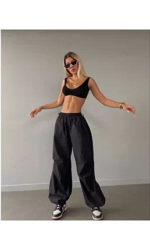 Luz&Pos Kadın Cepli Paraşut Pantalon - Siyah