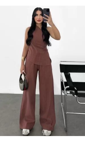 Luz&Pos Kadın Keten Asimetrik Tek Omuzlu Bluz Pantalon Takım- Bordo
