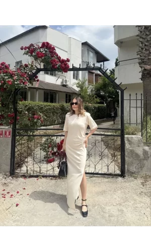 Luz&Pos Kadın Kısa Kollu Uzun Yandan Yırtmaçlı Elbise - Beyaz