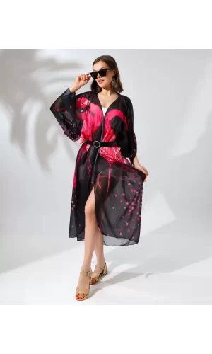 Luz&Pos Kadın Rahat Kesim Kemerli Şifon Kimono - Siyah
