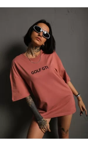 Luz&Pos Kadın Sırt Golf Gtı Baskılı Oversize T-shirt - Gül Kurusu