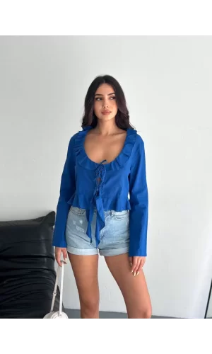 Luz&Pos Keten Uzun Kol Bağacık Detaylı Bluz - Lacivert