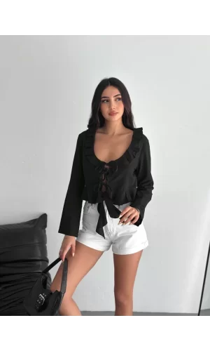 Luz&Pos Keten Uzun Kol Bağacık Detaylı Bluz - Siyah