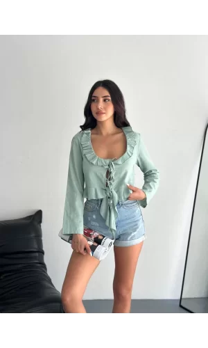 Luz&Pos Keten Uzun Kol Bağacık Detaylı Bluz - Yeşil