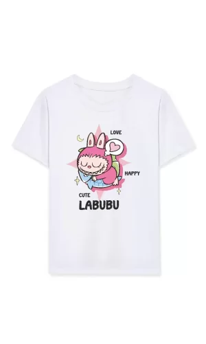 Luz&Pos Kız Labubu Çocuk Baskılı T-shirt - Beyaz
