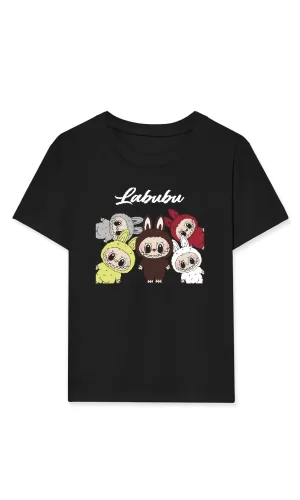 Luz&Pos Kız Labubu Çocuk Baskılı T-shirt - Siyah