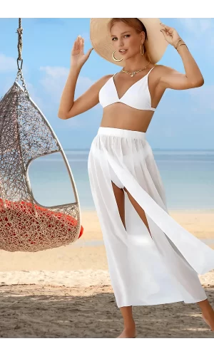 Luz&Pos Özel Tasarım Bikini & Mayo Üstüne Beli Kuşaklı Bağlamalı Beyaz Süprem Tül Uzun Pareo