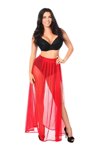 Luz&Pos Özel Tasarım Bikini & Mayo Üstüne Beli Kuşaklı Bağlamalı Kırmızı Süprem Tül Uzun Pareo