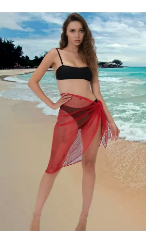 Luz&Pos Özel Tasarım Bikini & Mayo Üstüne Kırmızı File Tül Pareo