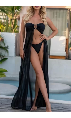 Luz&Pos Özel Tasarım Bikini & Mayo Üstüne Siyah Uzun Yırtmaçlı Pareo