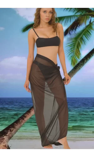 Luz&Pos Özel Tasarım Bikini & Mayo Üstüne Uzun Tül Siyah Pareo