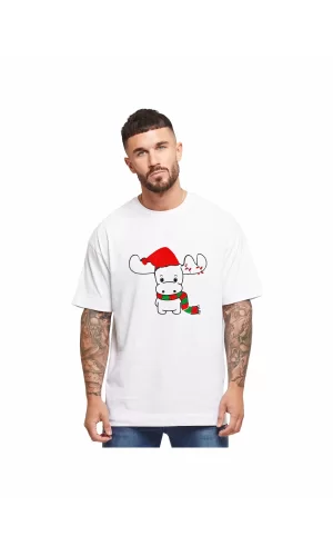 Luz&Pos Ren Geyiği Baskılı Noel İçin T-shirt - Beyaz