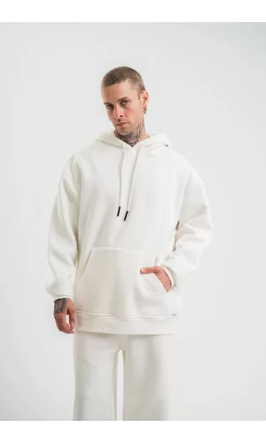 Luz&Pos Unisex Double Oversize Kapşonlu Basic Sweatshirt - Beyaz