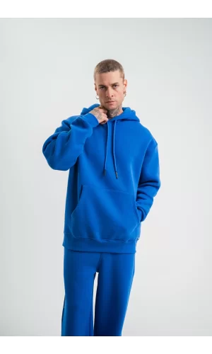 Luz&Pos Unisex Double Oversize Kapşonlu Basic Sweatshirt - Mavi
