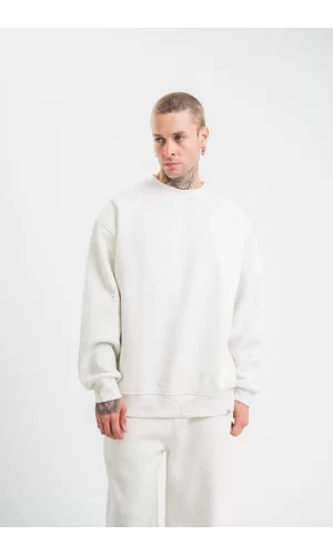 Luz&Pos Unisex Uzun Kol Bisiklet Yaka Yıkamalı Sweatshirt - Beyaz