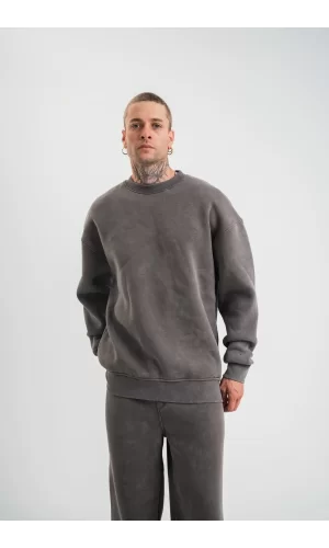 Luz&Pos Unisex Uzun Kol Bisiklet Yaka Yıkamalı Sweatshirt - Füme