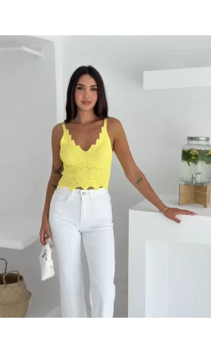 Luz&Pos V Yaka Askılı Arkası Açık Triko Crop - Sarı