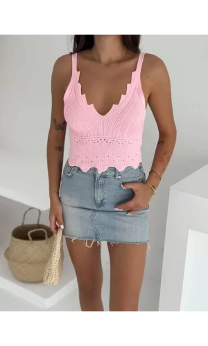 Luz&Pos V Yaka Askılı Arkası Açık Triko Crop - Toz Pembe
