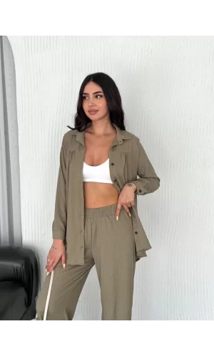Luz&Pos Yakalı Düğmeli Uzun Kollu Gömlek Pantolon İkili Takım - Bej