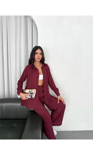 Luz&Pos Yakalı Düğmeli Uzun Kollu Gömlek Pantolon İkili Takım - Bordo