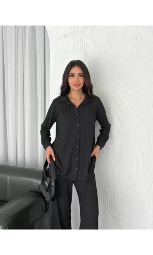 Luz&Pos Yakalı Düğmeli Uzun Kollu Gömlek Pantolon İkili Takım - Siyah